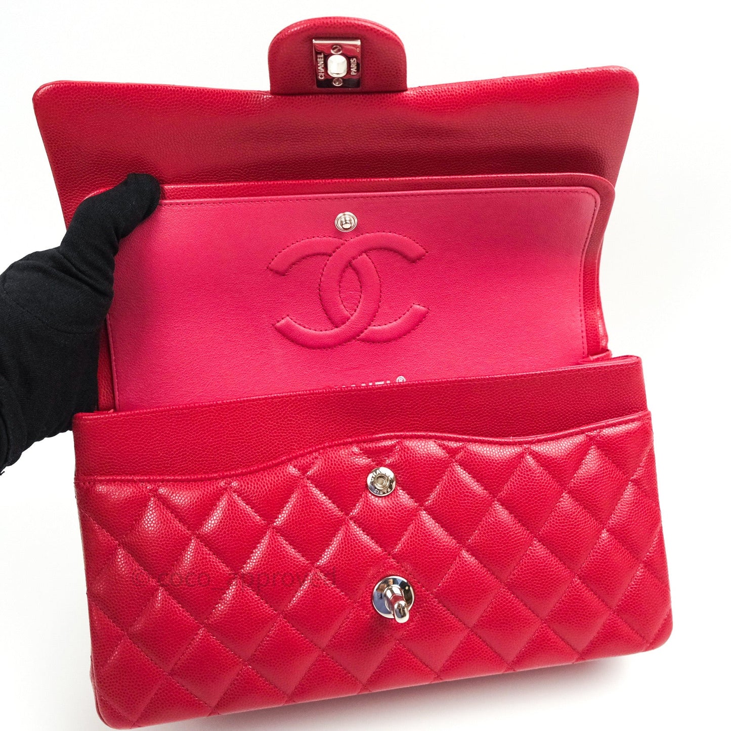 Chanel Classic M/L Medium Double Flap Bag Red Caviar Silver Hardware 18B