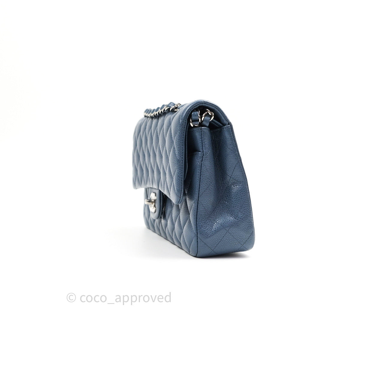 Chanel Classic Double Flap Quilted M/L Blue Caviar Silver Hardware