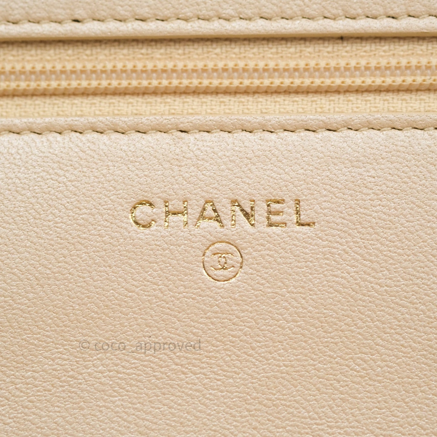 Chanel Quilted Beige Iridescent Lambskin Pearl Wallet On Chain WOC