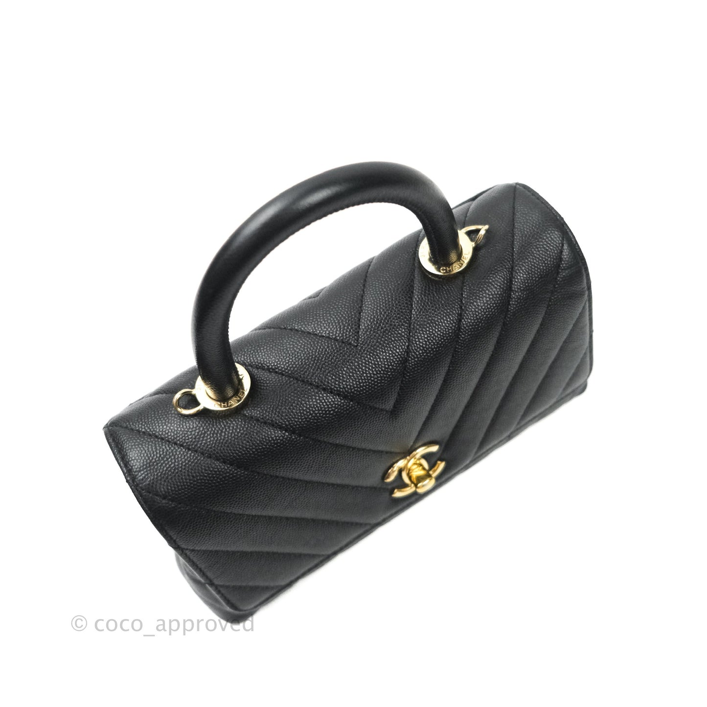 Chanel Mini Coco Handle Chevron Black Caviar Gold Hardware