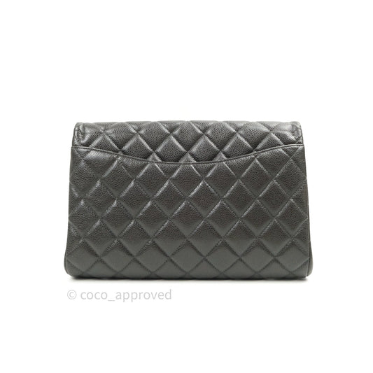 Chanel Quilted Clutch with Chain Dark Grey Caviar Leather Silver Hardware