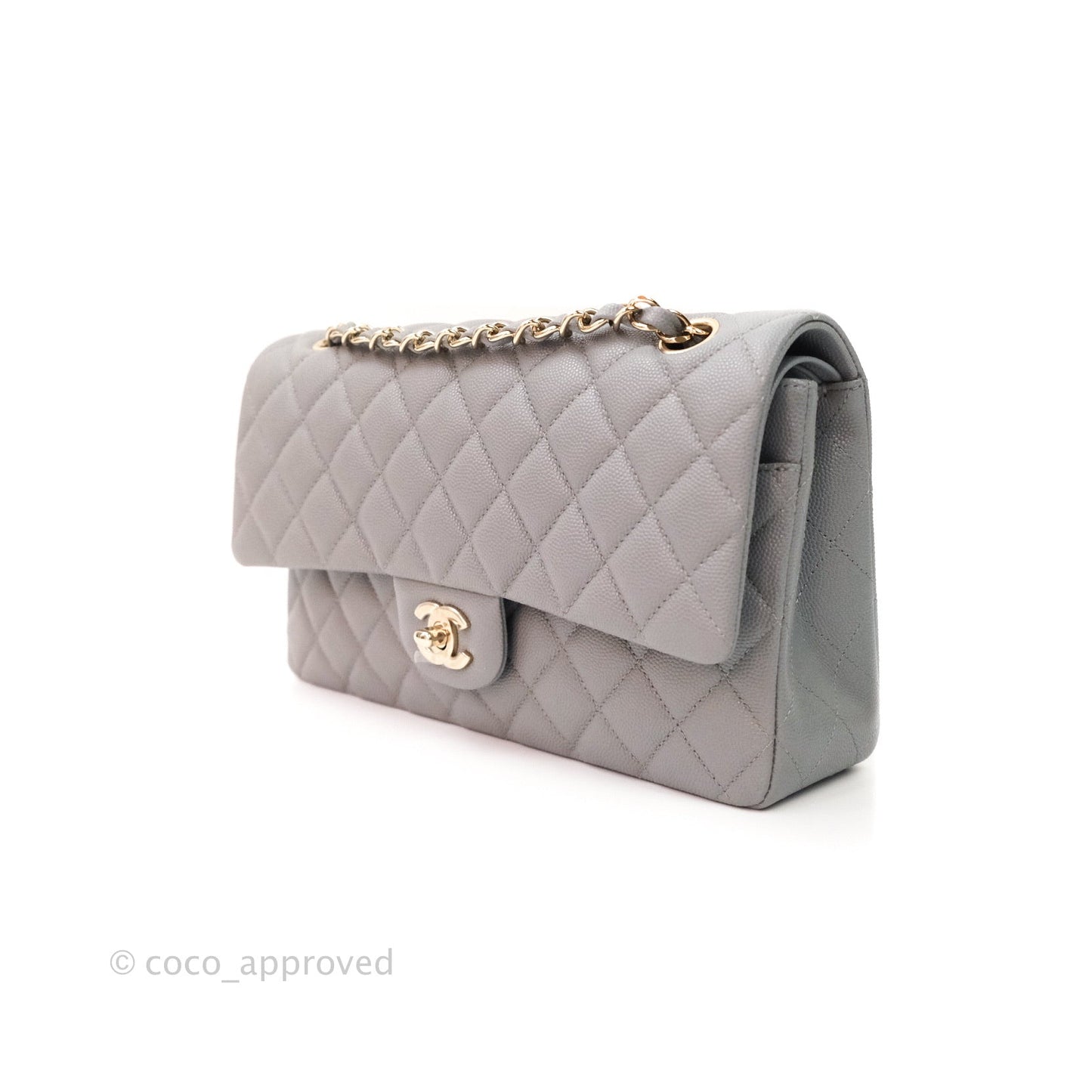 Chanel Classic M/L Medium Double Flap Quilted Grey Caviar Gold Hardware 20C
