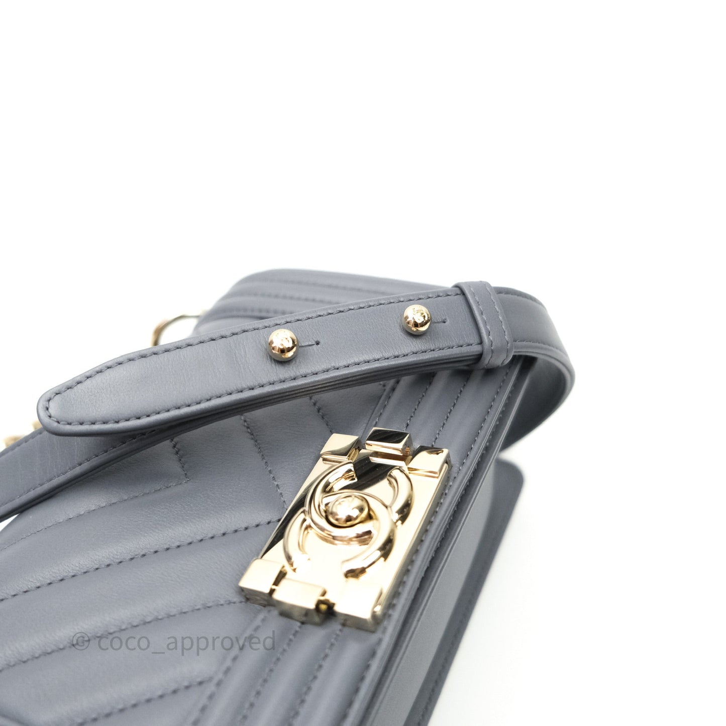 Chanel Small Boy Chevron Grey Calfskin Gold Hardware