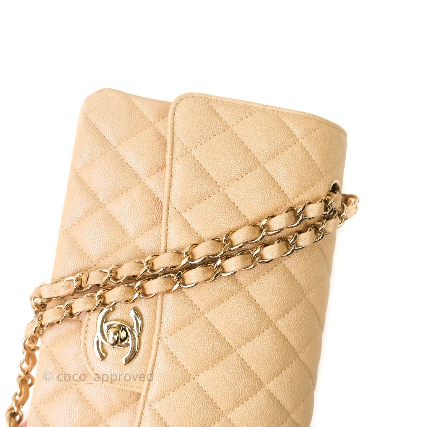 Chanel Classic M/L Medium Double Flap Iridescent Beige Caviar Gold Hardware 19S