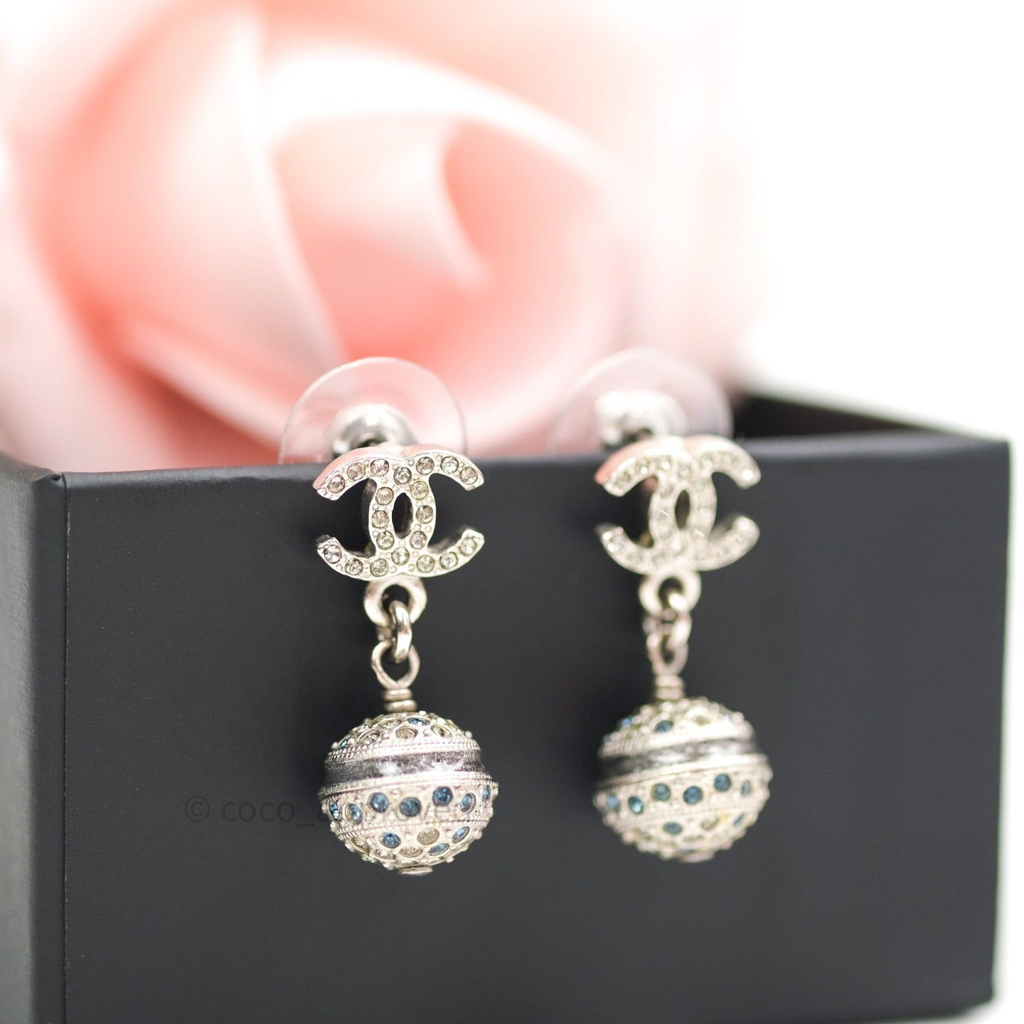 Chanel CC Drop Earrings Crystal Silver