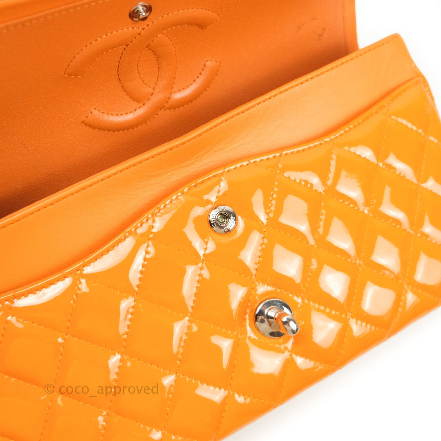 Chanel Classic M/L Medium Double Flap Orange Patent Silver Hardware