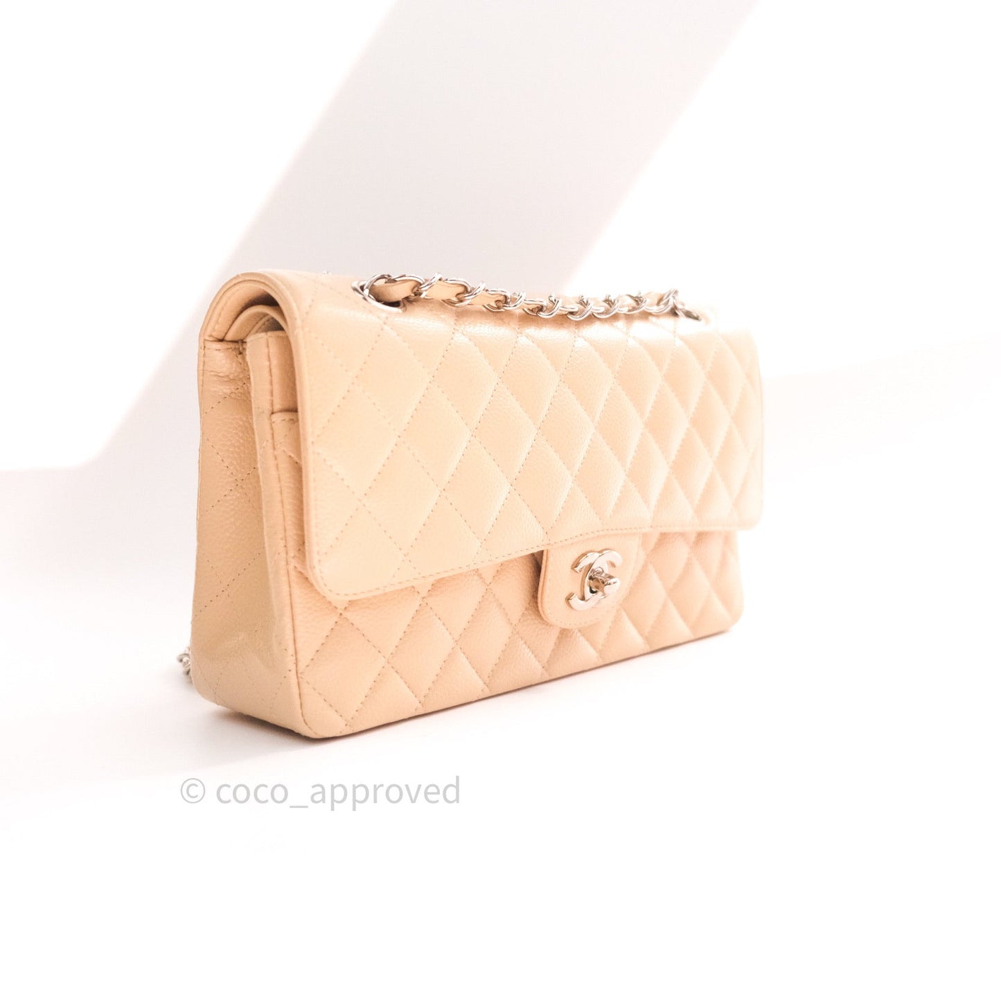 Chanel Quilted M/L Medium Double Flap Beige Clair Caviar Silver Hardware