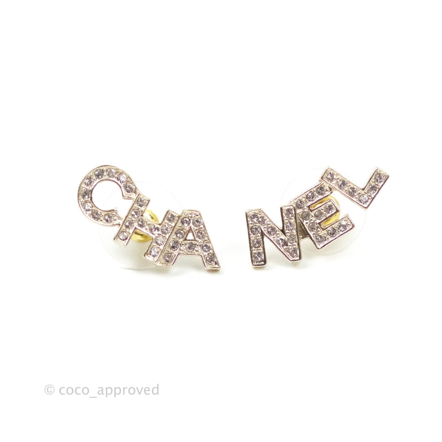 Chanel Crystal Pearl Signature Stud Earrings Gold Tone