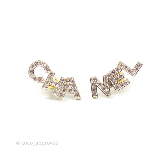 Chanel Crystal Pearl Signature Stud Earrings Gold Tone