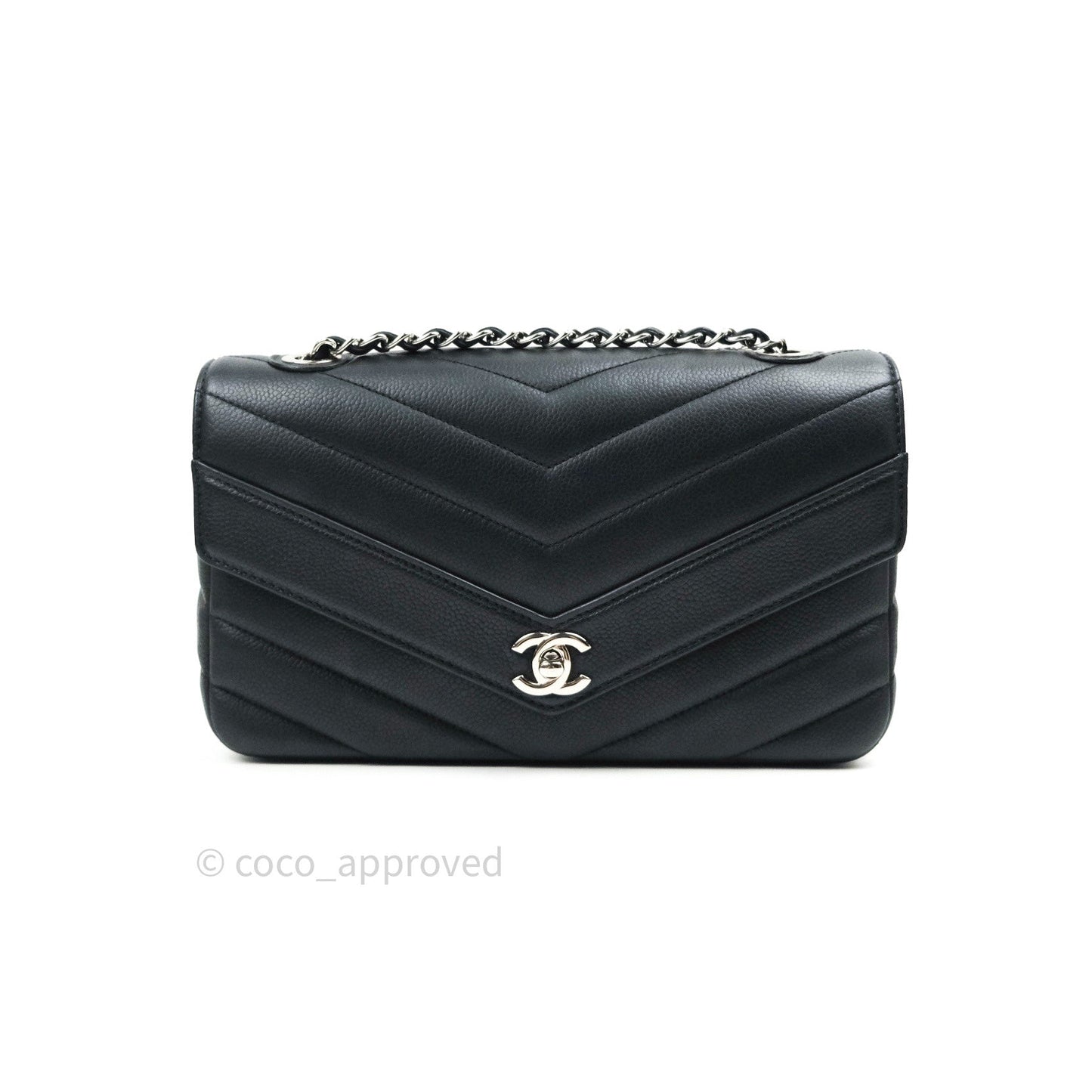 Chanel Medium Chevron Grained Calfskin Black Silver Hardware