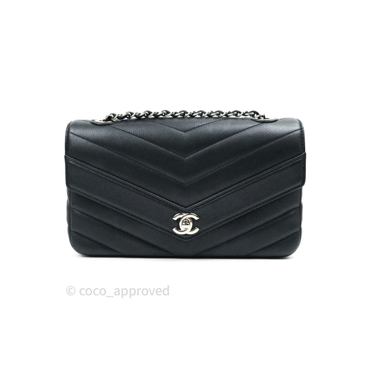 Chanel Medium Chevron Grained Calfskin Black Silver Hardware