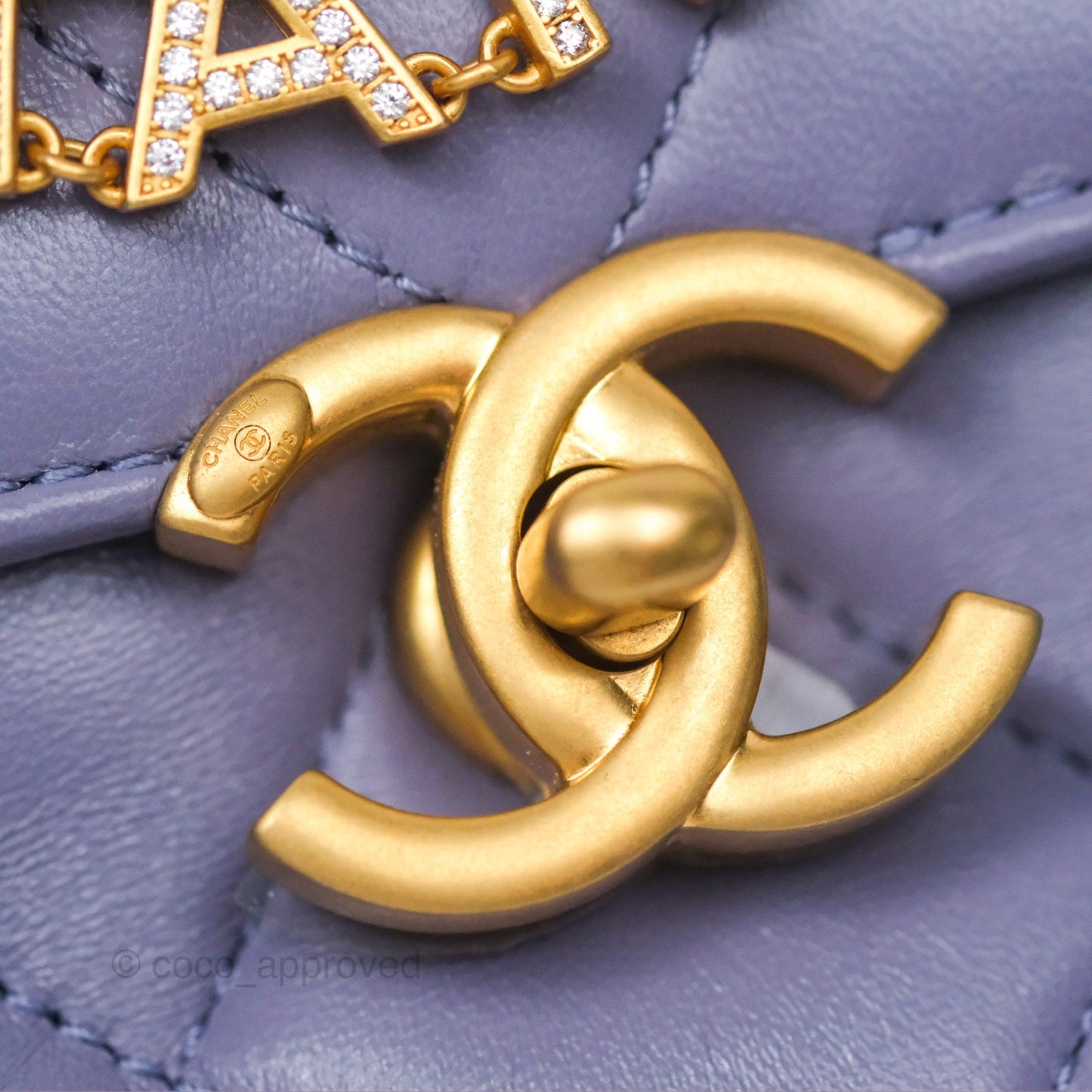Chanel Crystal Pearl Chain Mini Flap Bag Purple Lambskin Aged Gold Hardware