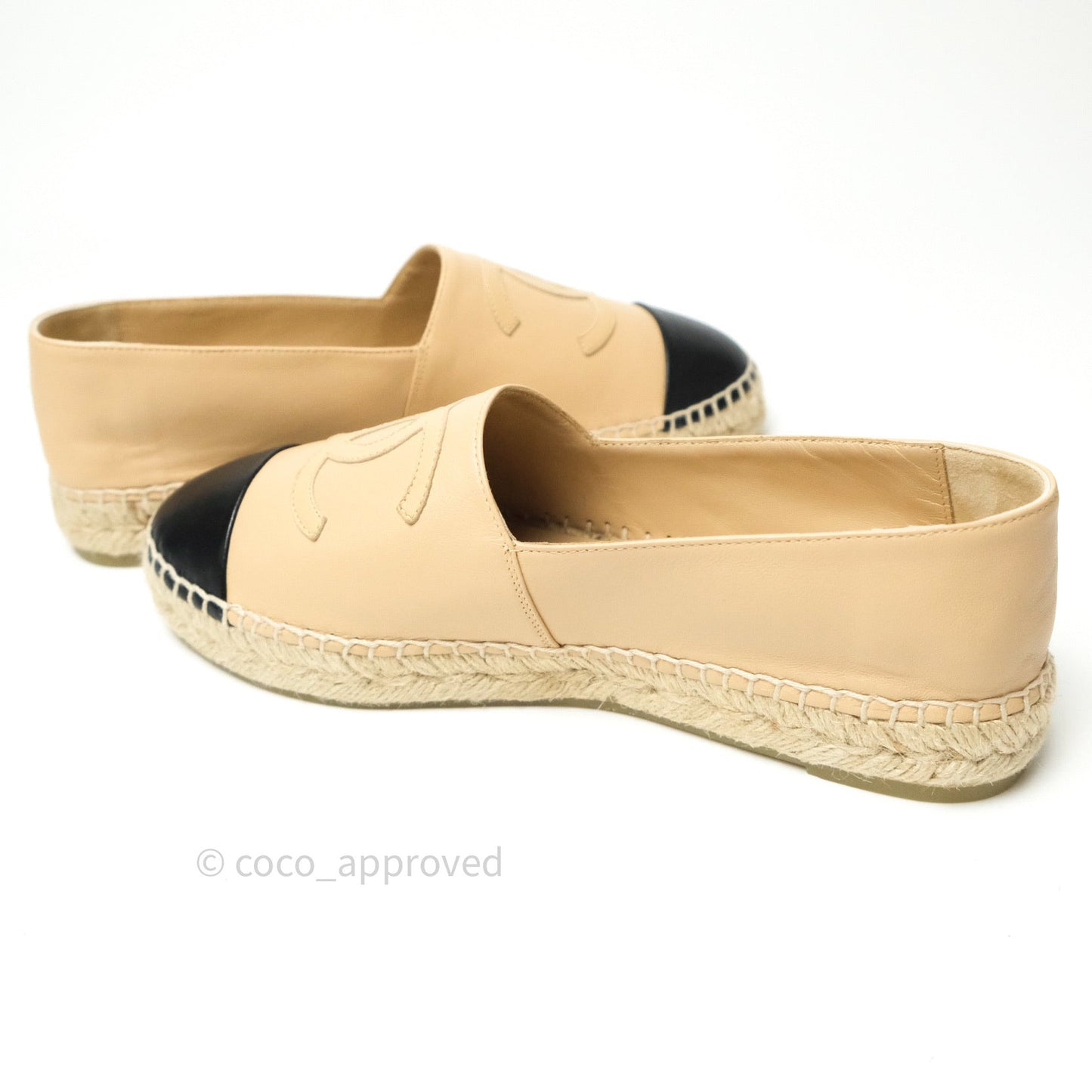 Chanel Espadrille Black Beige Leather Size 39