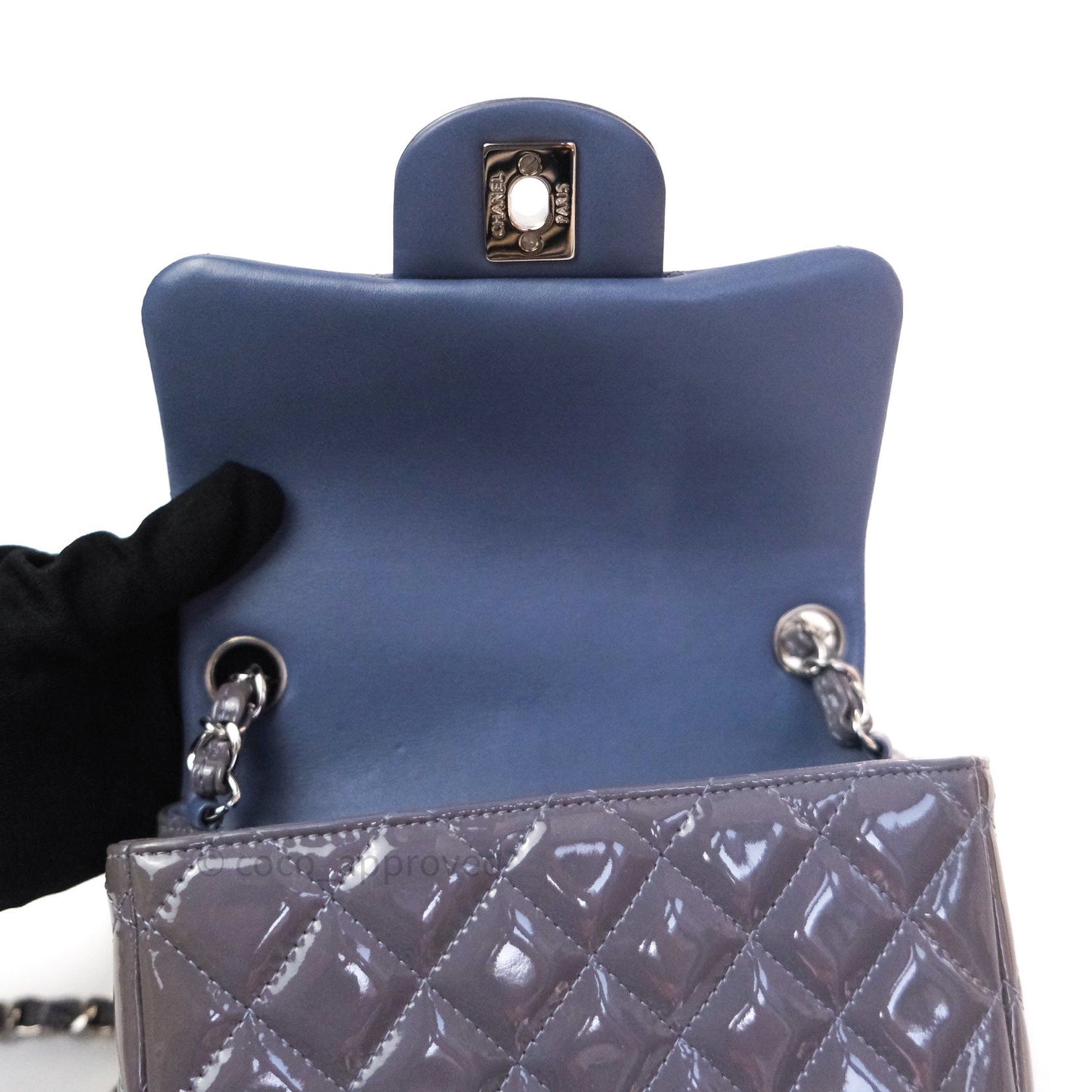 Chanel Mini Square Grey Patent Leather Silver Hardware