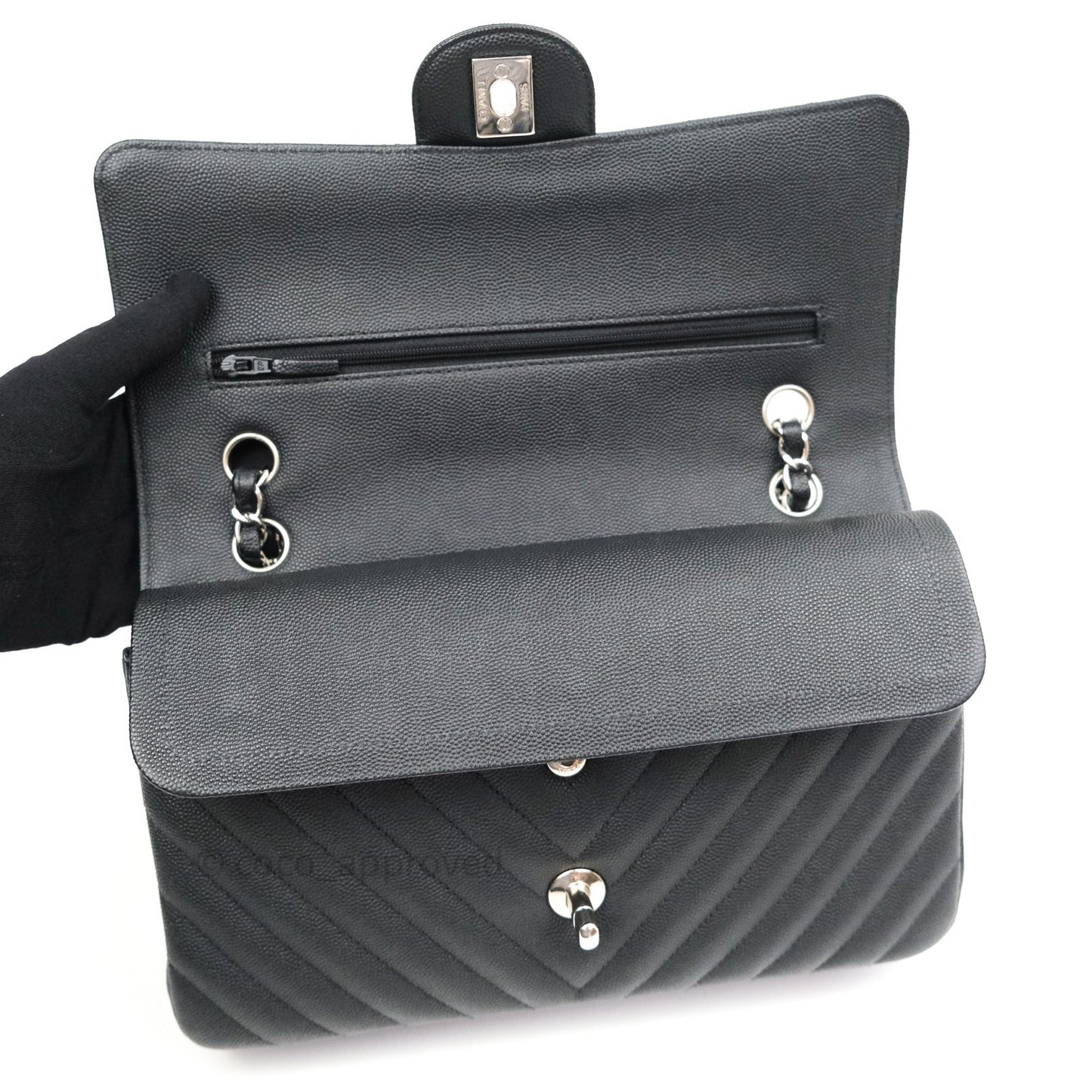 Chanel Classic M/L Chevron Black Caviar Silver Hardware