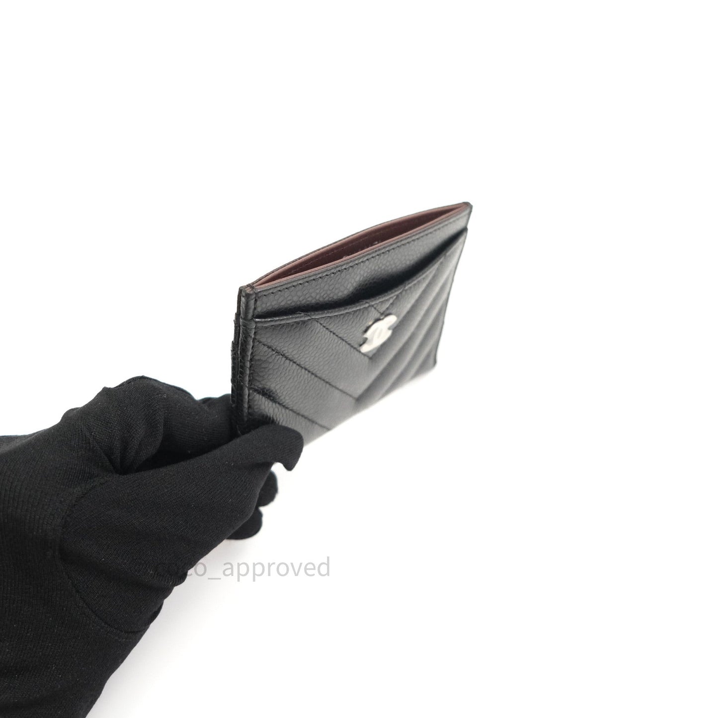 Chanel Classic Chevron Black Caviar Silver Hardware Flat Card Holder