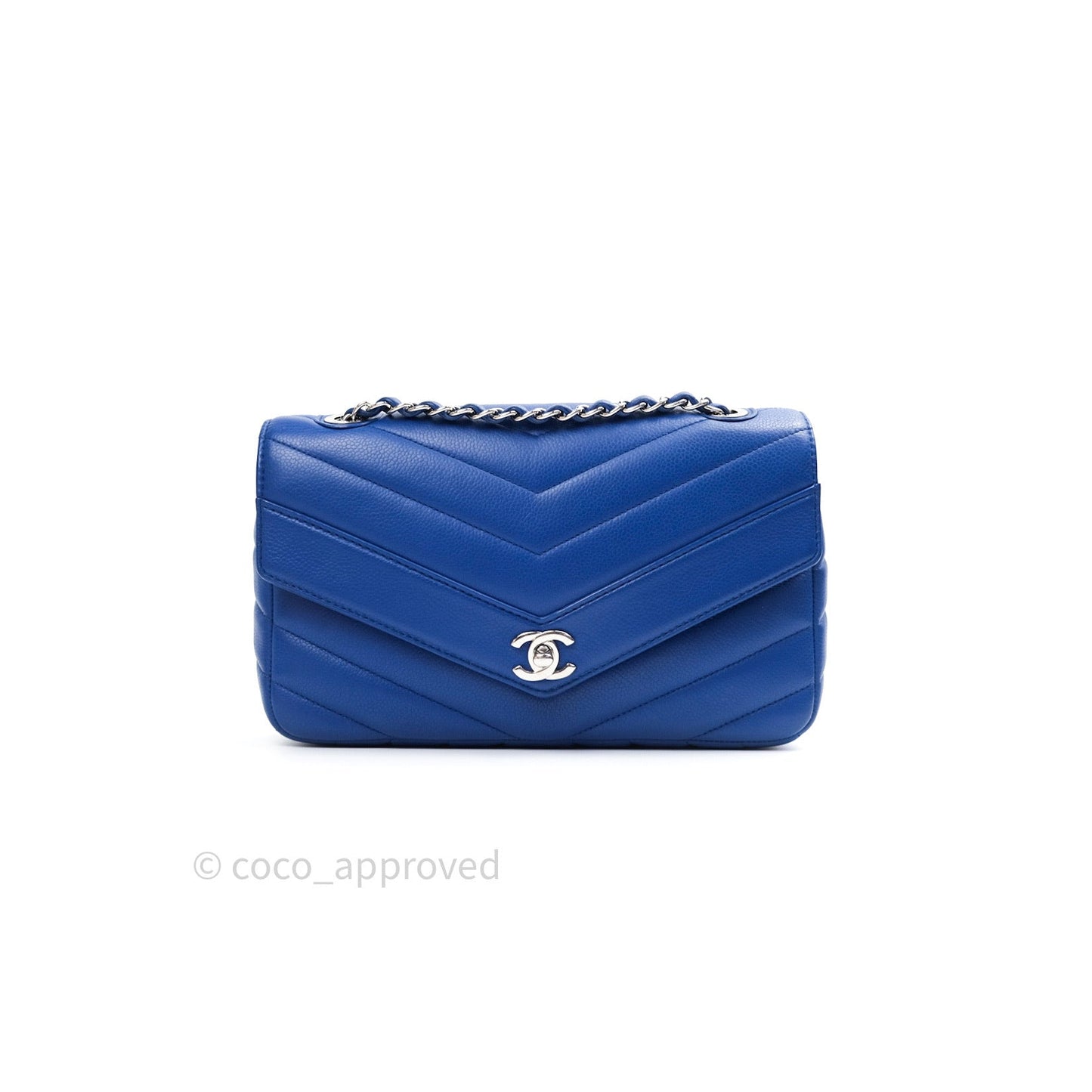 Chanel Chevron Quilted Medium Blue Grained Calfskin Silver Hardware