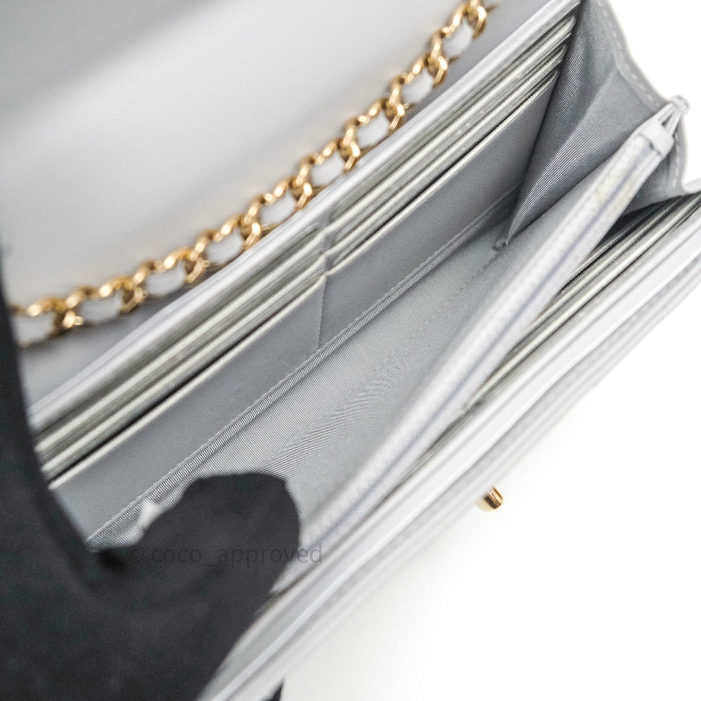 Chanel Mini Trendy CC Wallet On Chain WOC Lambskin Chevron Grey Gold Hardware