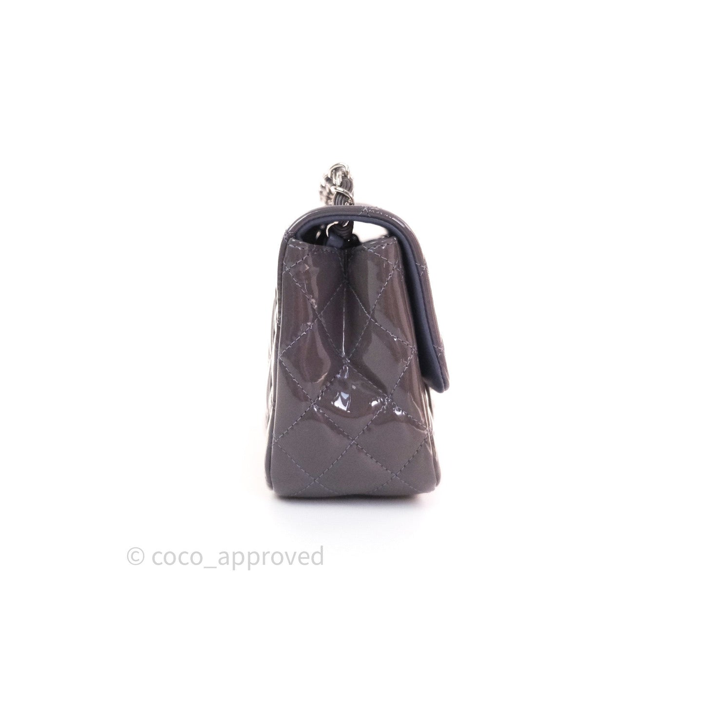 Chanel Mini Square Grey Patent Leather Silver Hardware