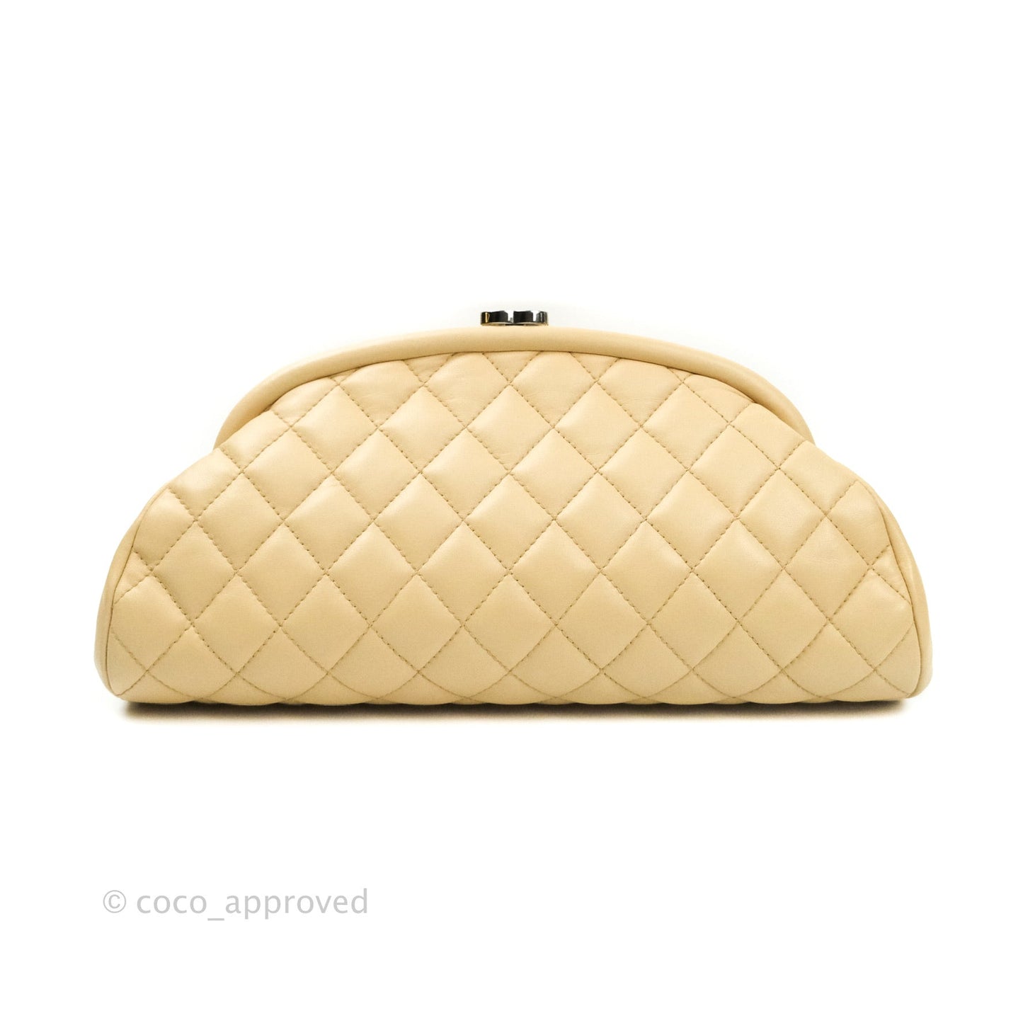 Chanel Quilted Timeless Kisslock Clutch Beige Lambskin Silver Hardware