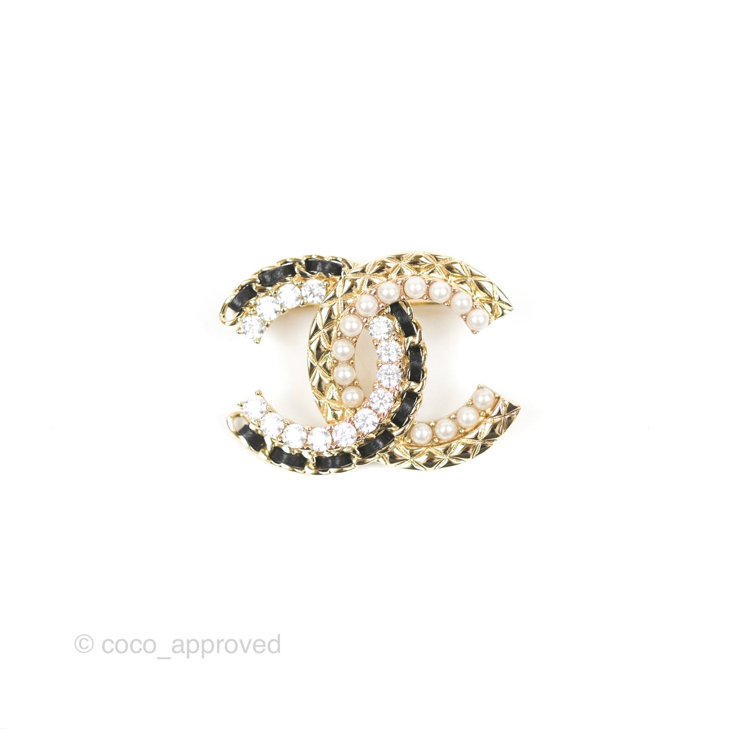 Chanel CC Logo Rhinestone Pearl Brooch Gold Tone 22B