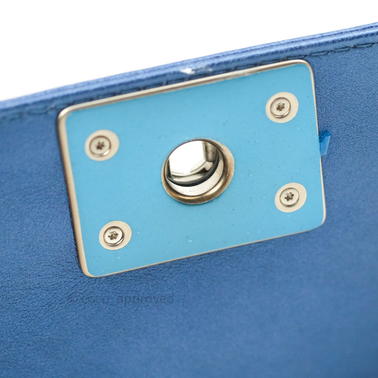 Chanel Boy Medium Blue Metallic Calfskin Perforated Silver Hardware