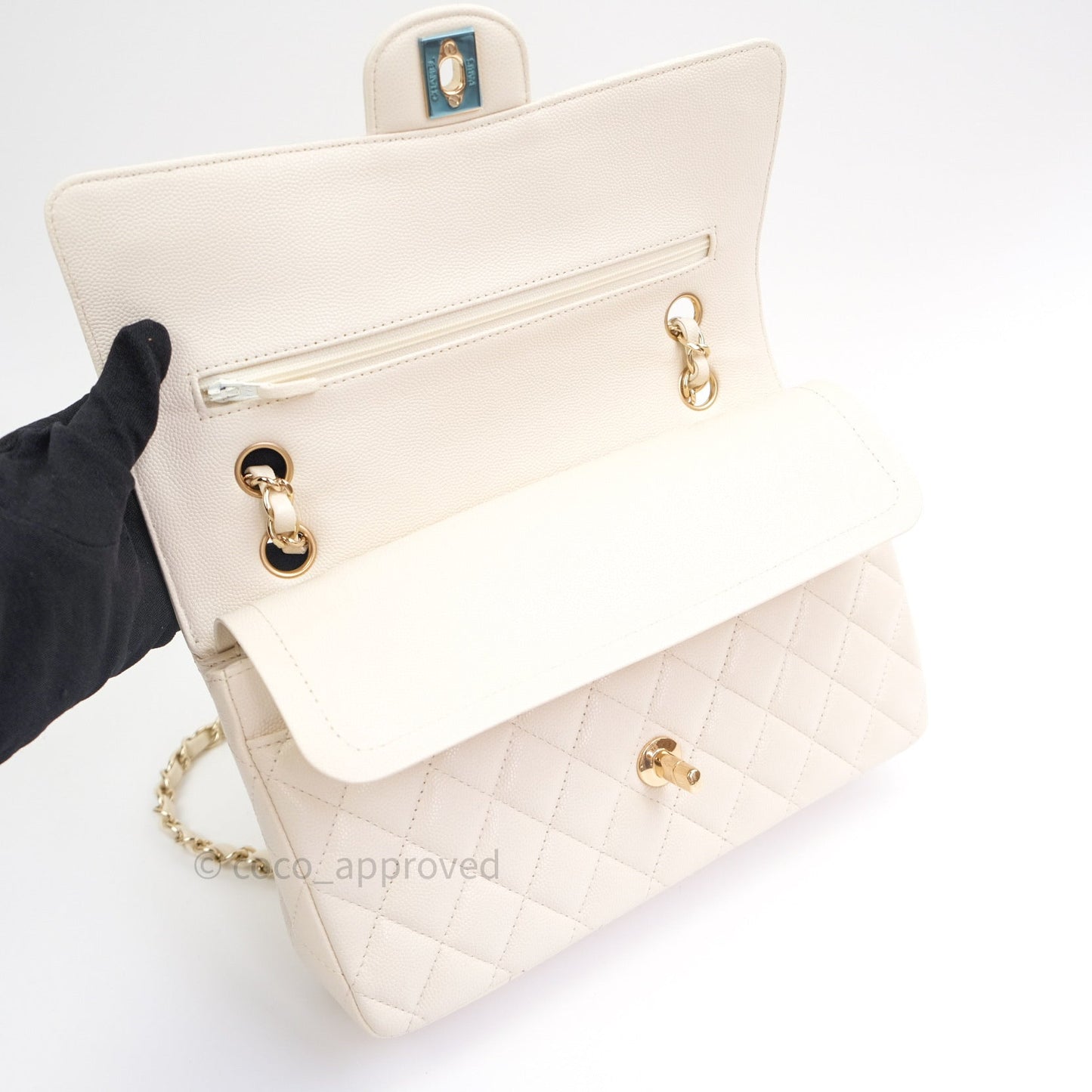 Chanel Classic Double Flap Quilted M/L Ivory Caviar Gold Hardware 17C