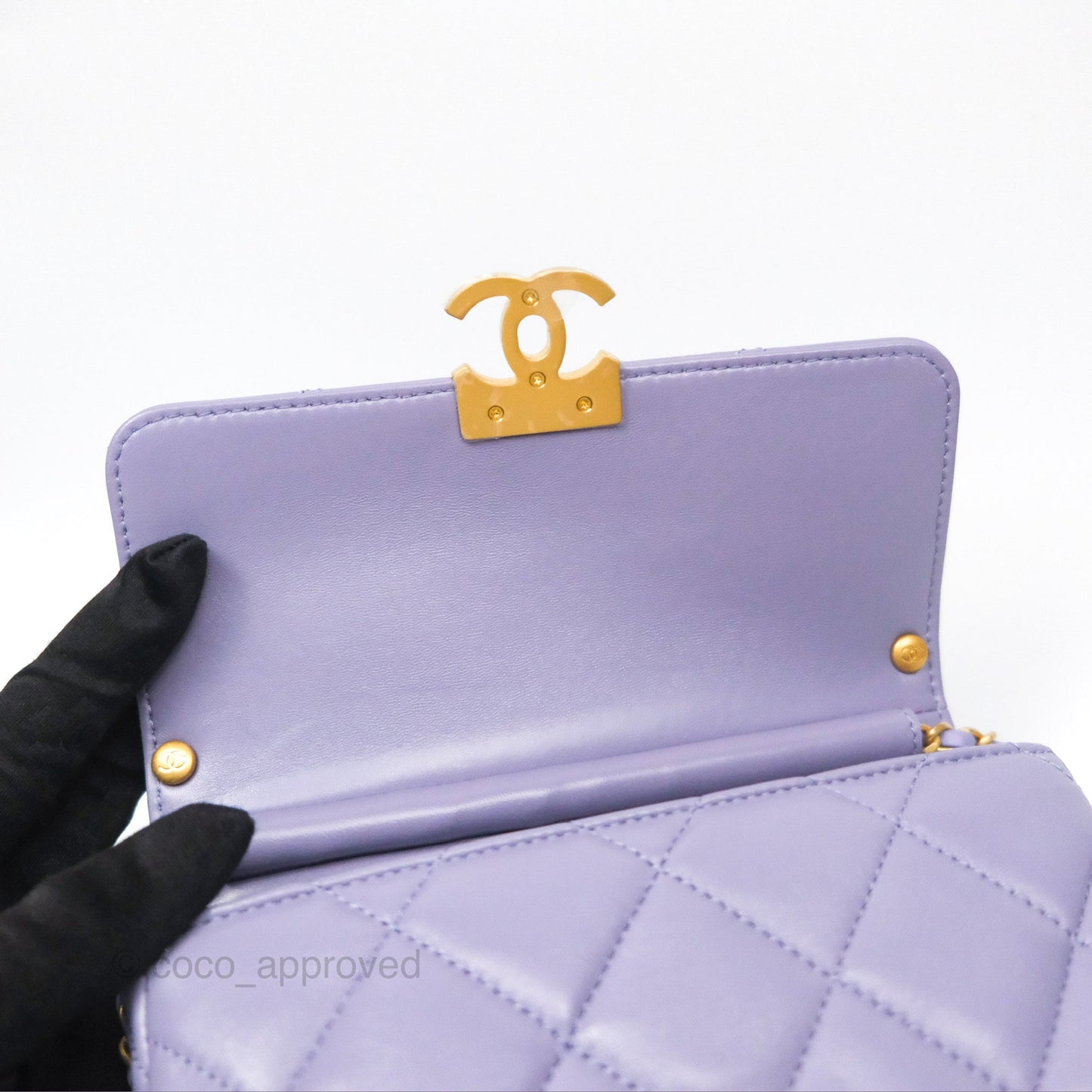 Chanel Crystal Pearl Chain Mini Flap Bag Purple Lambskin Aged Gold Hardware