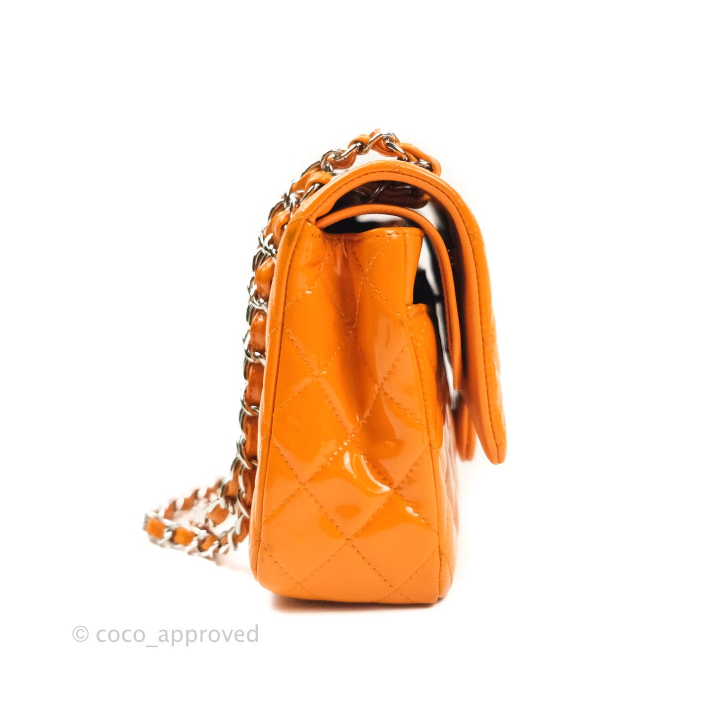 Chanel Classic M/L Medium Double Flap Orange Patent Silver Hardware