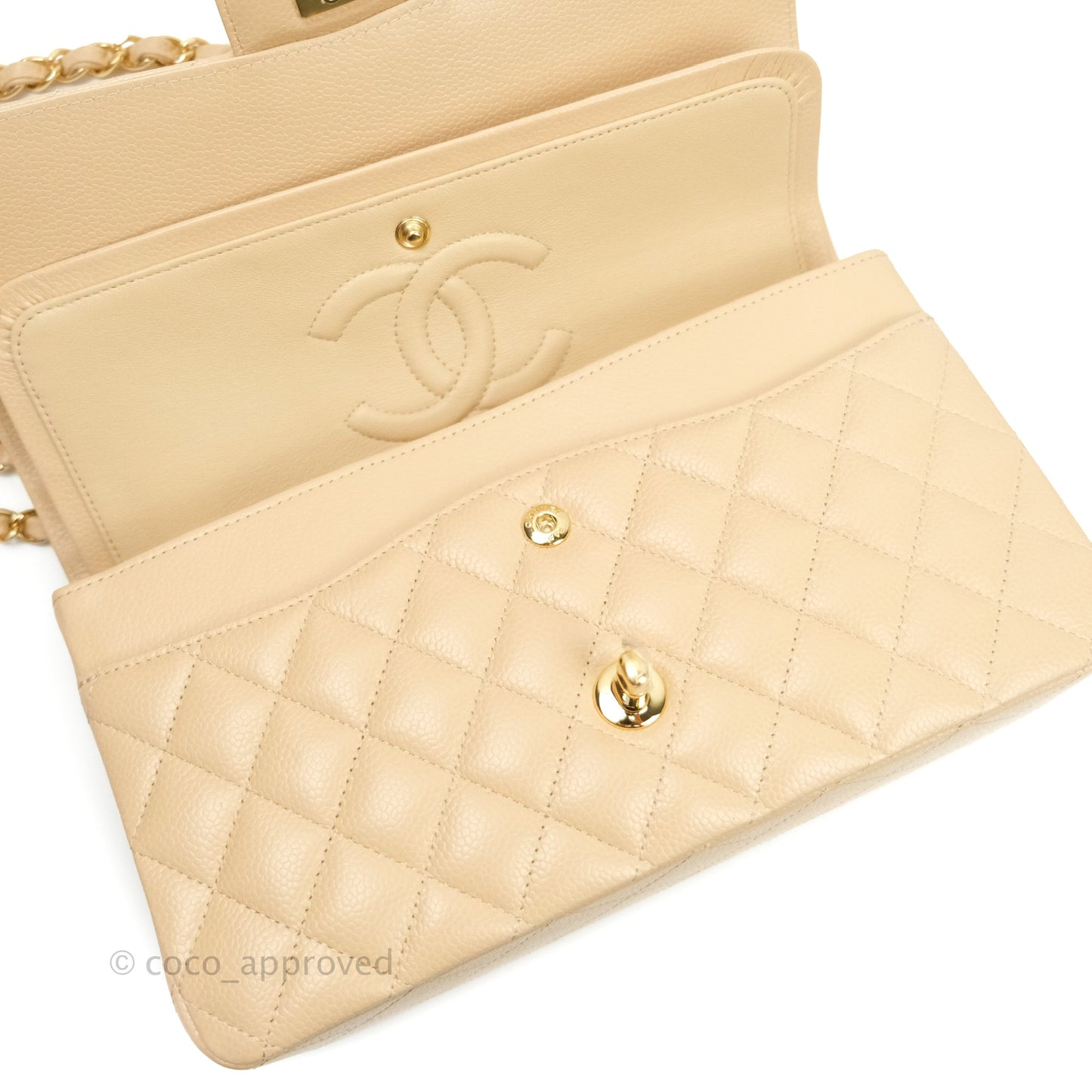 Chanel Classic M/L Medium Double Flap Bag Beige Caviar Gold Hardware