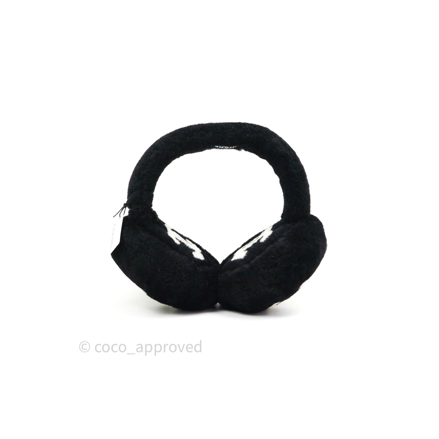 Chanel Shearling Cashmere Black Ivory Logo Earmuffs