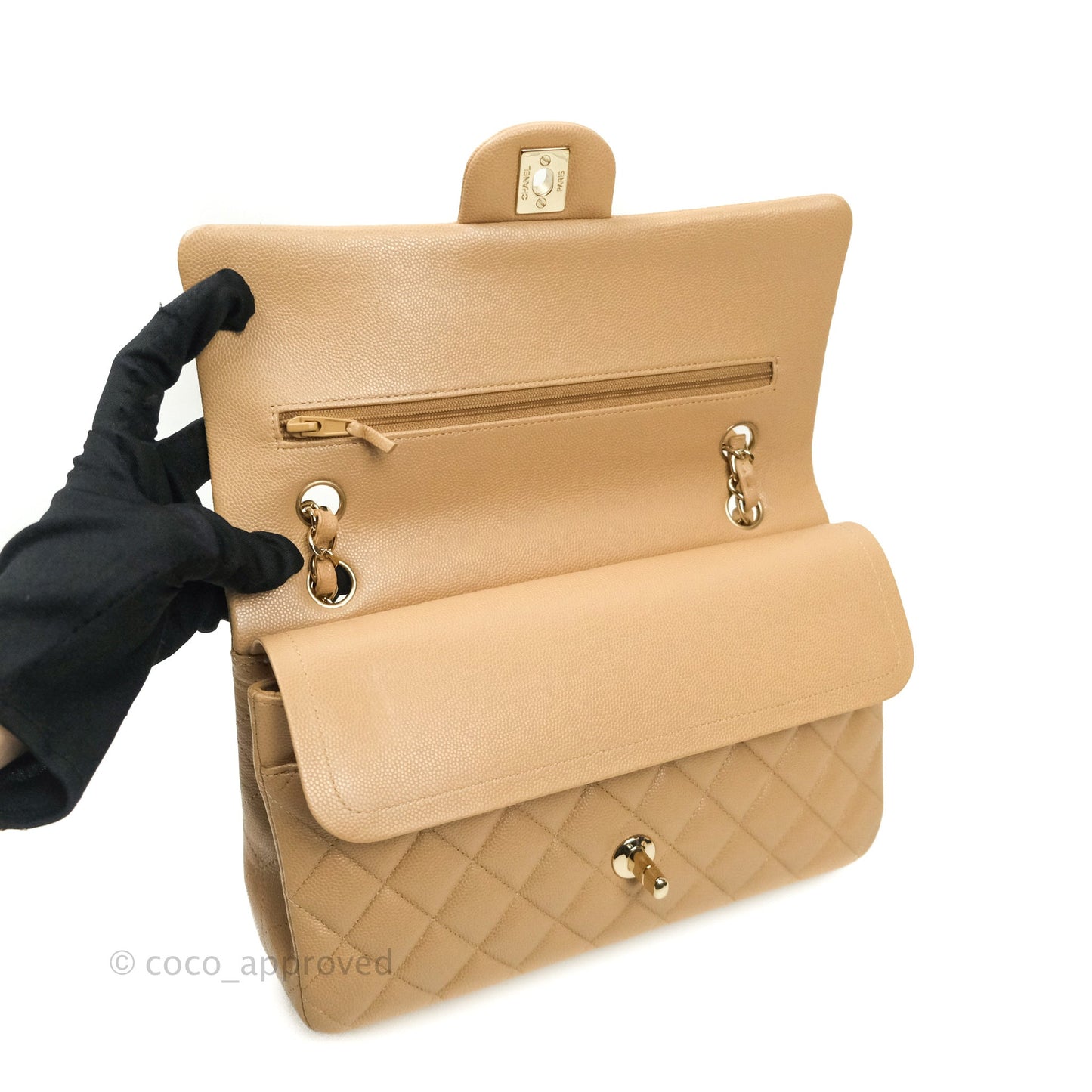 Chanel Classic M/L Medium Double Flap Dark Beige Caviar Gold Hardware 19B