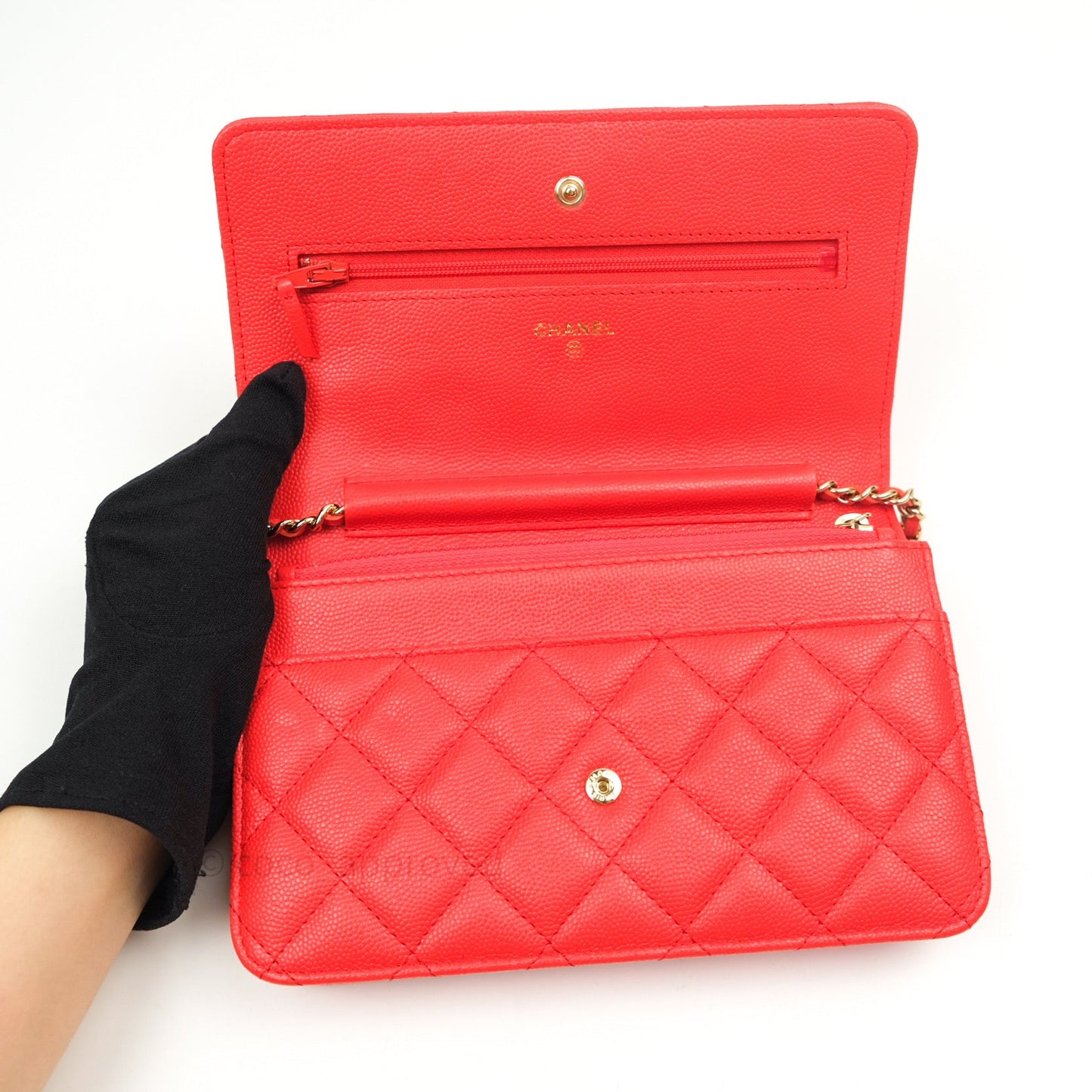 Chanel Quilted Wallet on Chain WOC Brick Red Caviar Gold Hardware