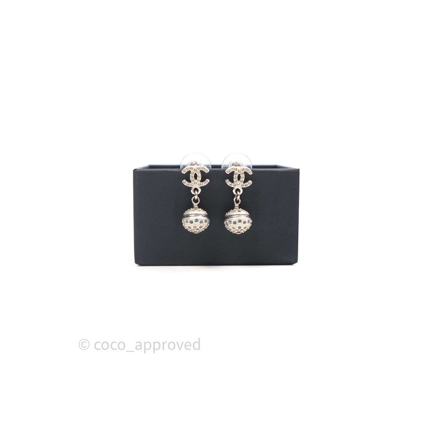 Chanel CC Drop Earrings Crystal Silver