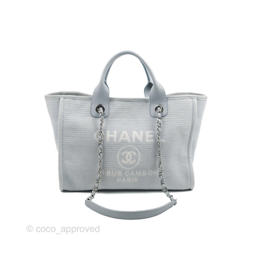 Chanel New Small Deauville Tote Light Blue Silver Hardware