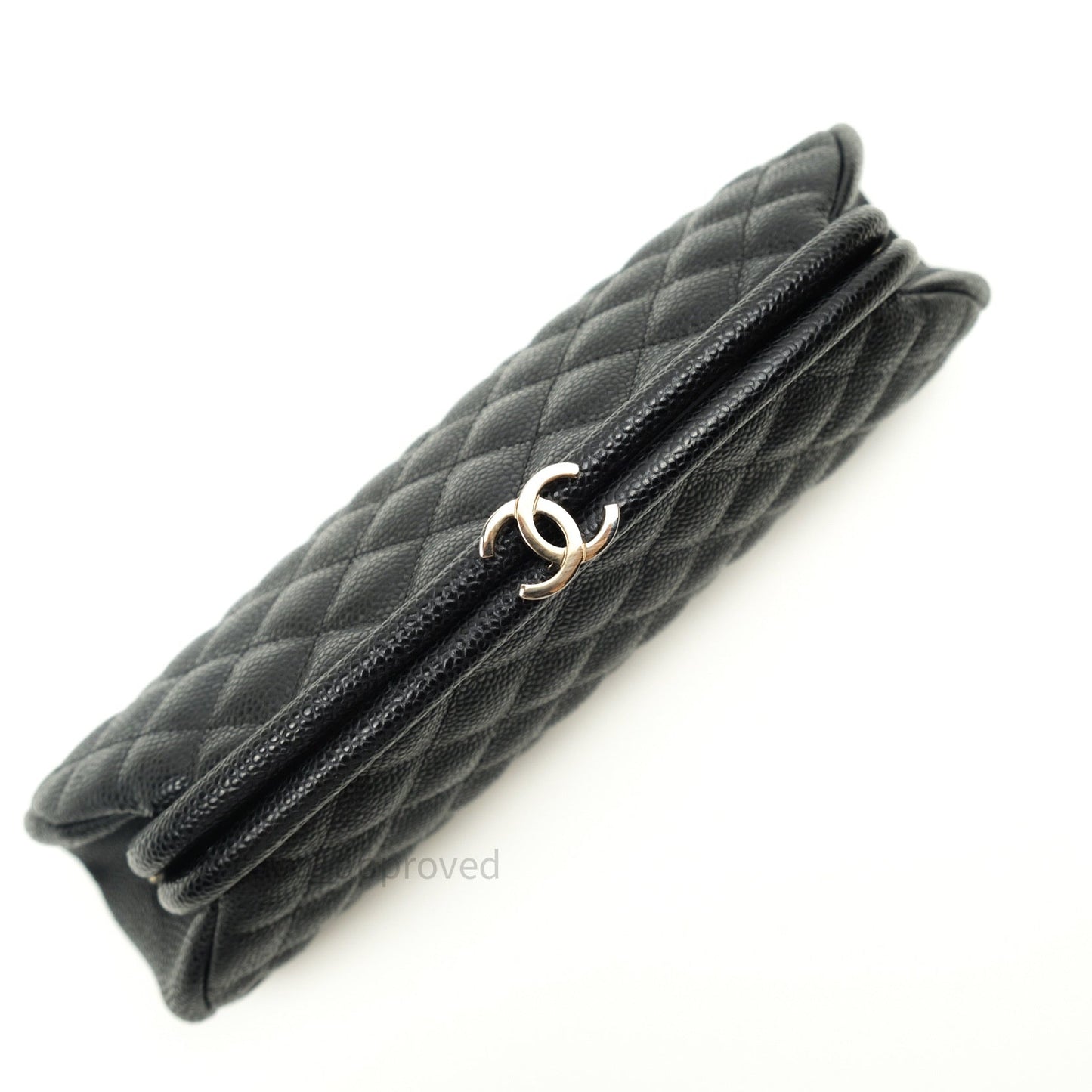 Chanel Quilted Timeless Kisslock Clutch Black Caviar Silver Hardware