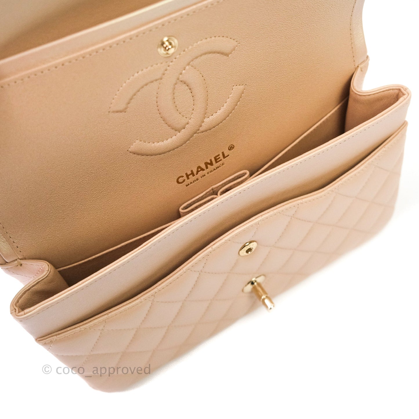 Chanel M/L Medium Double Flap Bag Iridescent Beige Calfskin Gold Hardware 21S