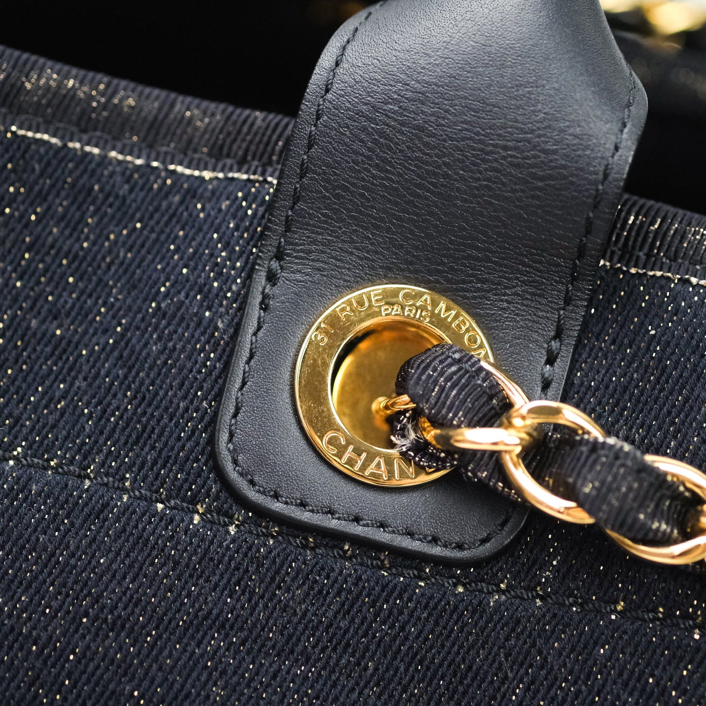 Chanel Large Deauville Navy Glitter Canvas Gold Hardware