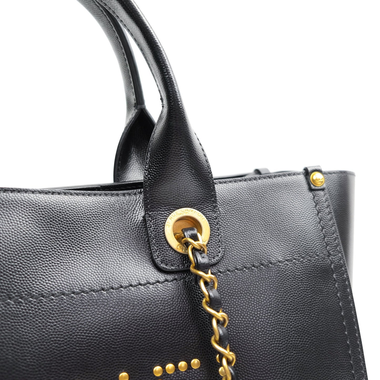 Chanel Small Studded Deauville Tote Black Caviar Gold Hardware