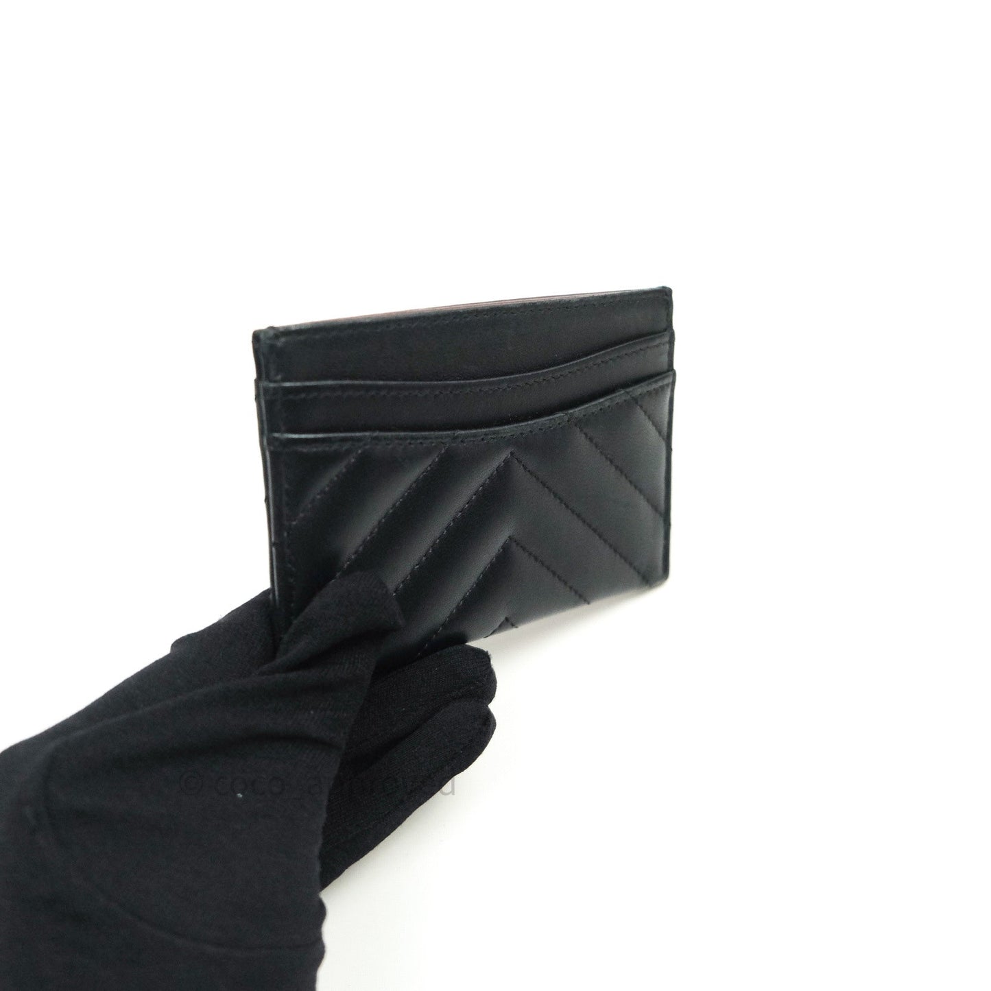 Chanel Chevron Classic Black Flat Card Holder Lambskin Gold Hardware