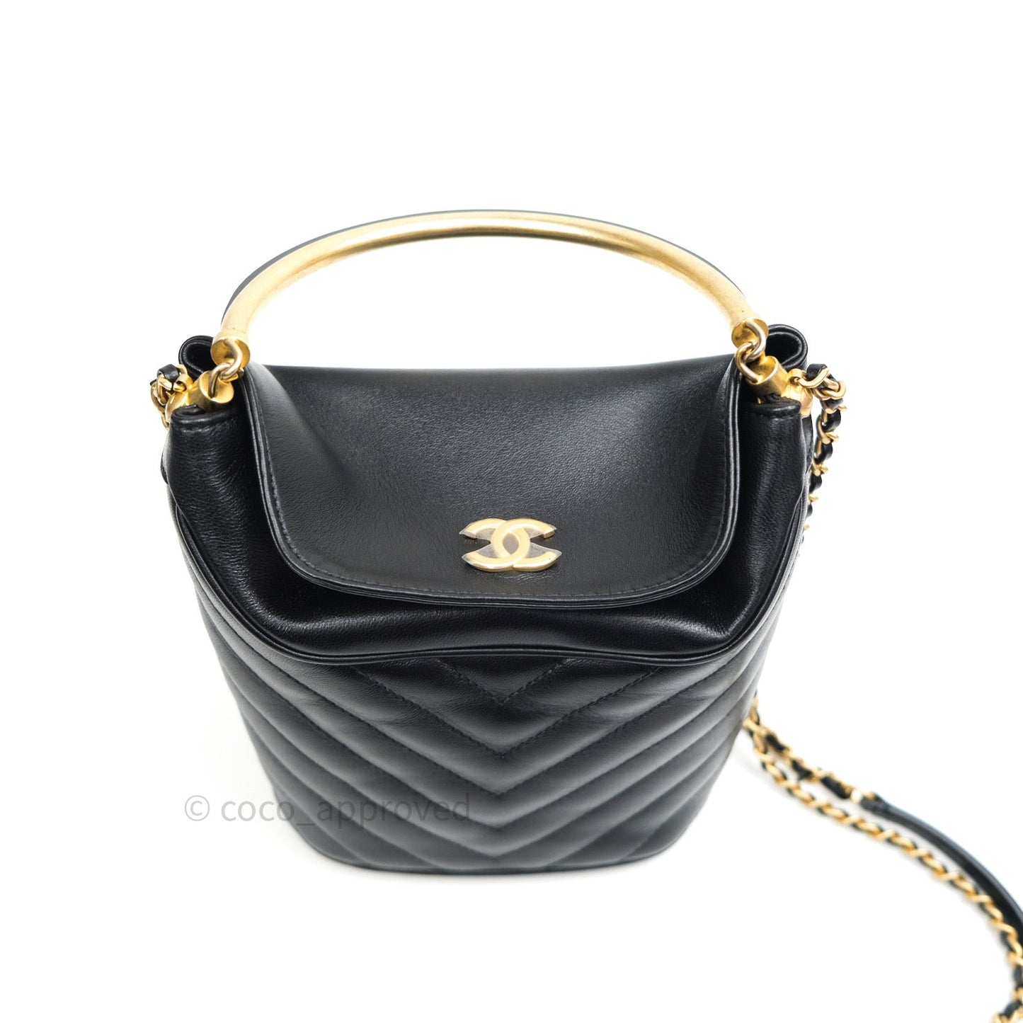 Chanel Chic Bucket Bag Black Lambskin Chevron Quilted With Handle