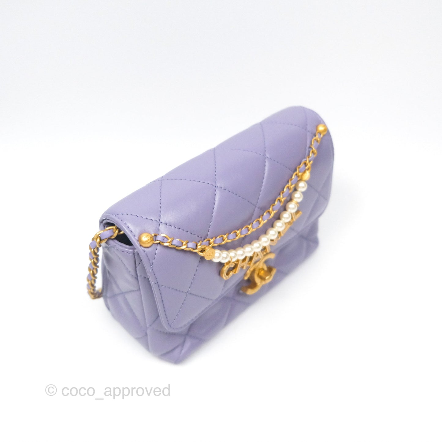 Chanel Crystal Pearl Chain Mini Flap Bag Purple Lambskin Aged Gold Hardware
