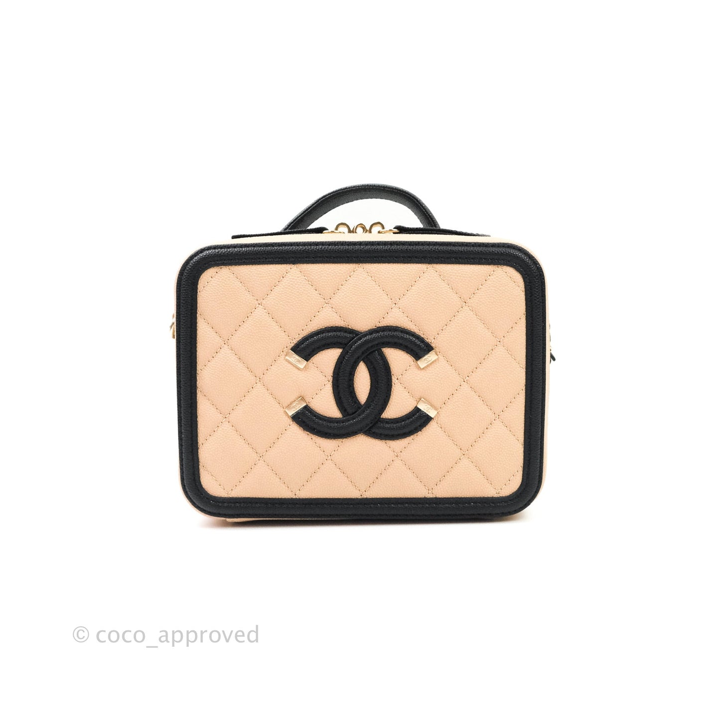 Chanel Quilted New Small CC Filigree Vanity Case Beige Caviar Gold Hardware
