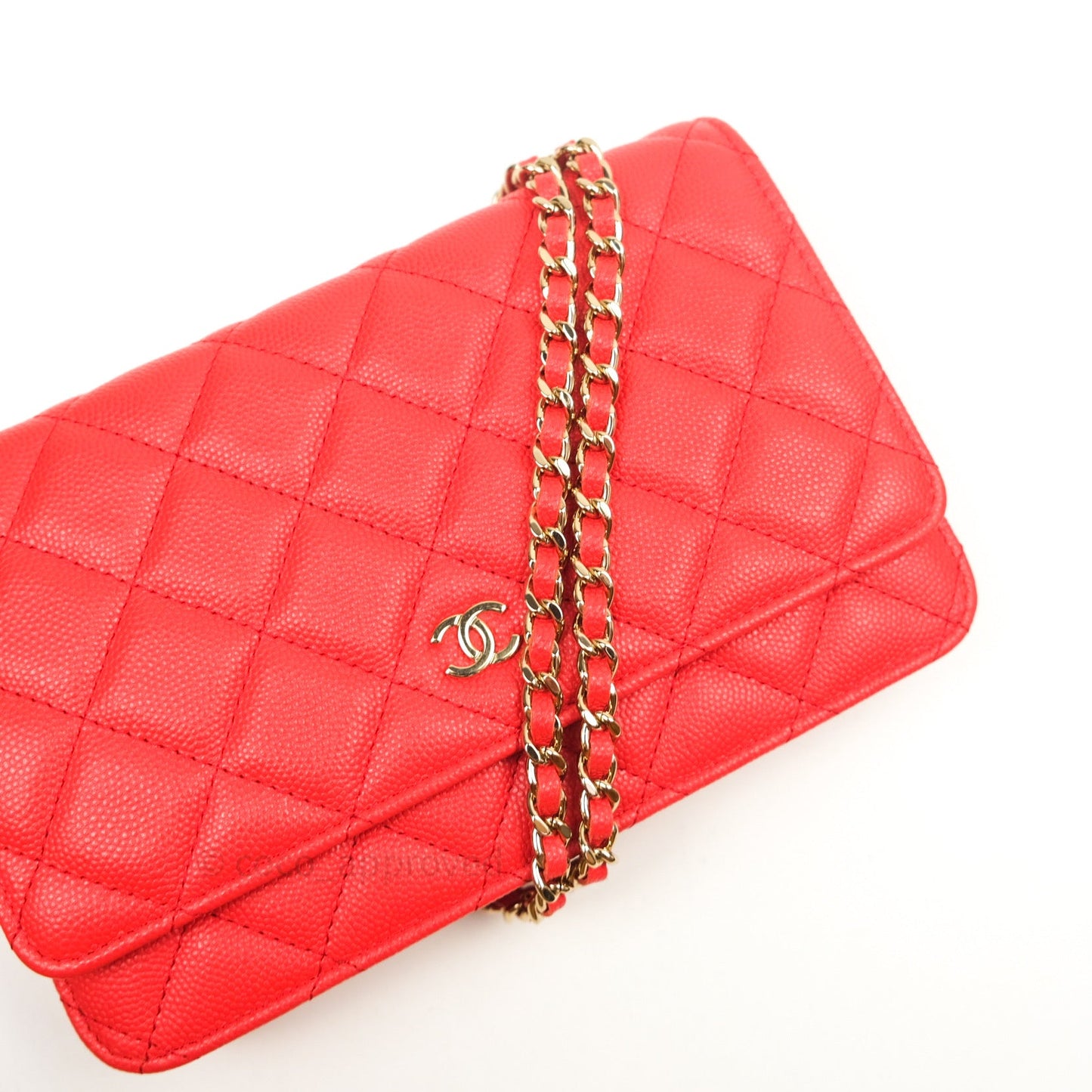 Chanel Quilted Wallet on Chain WOC Brick Red Caviar Gold Hardware