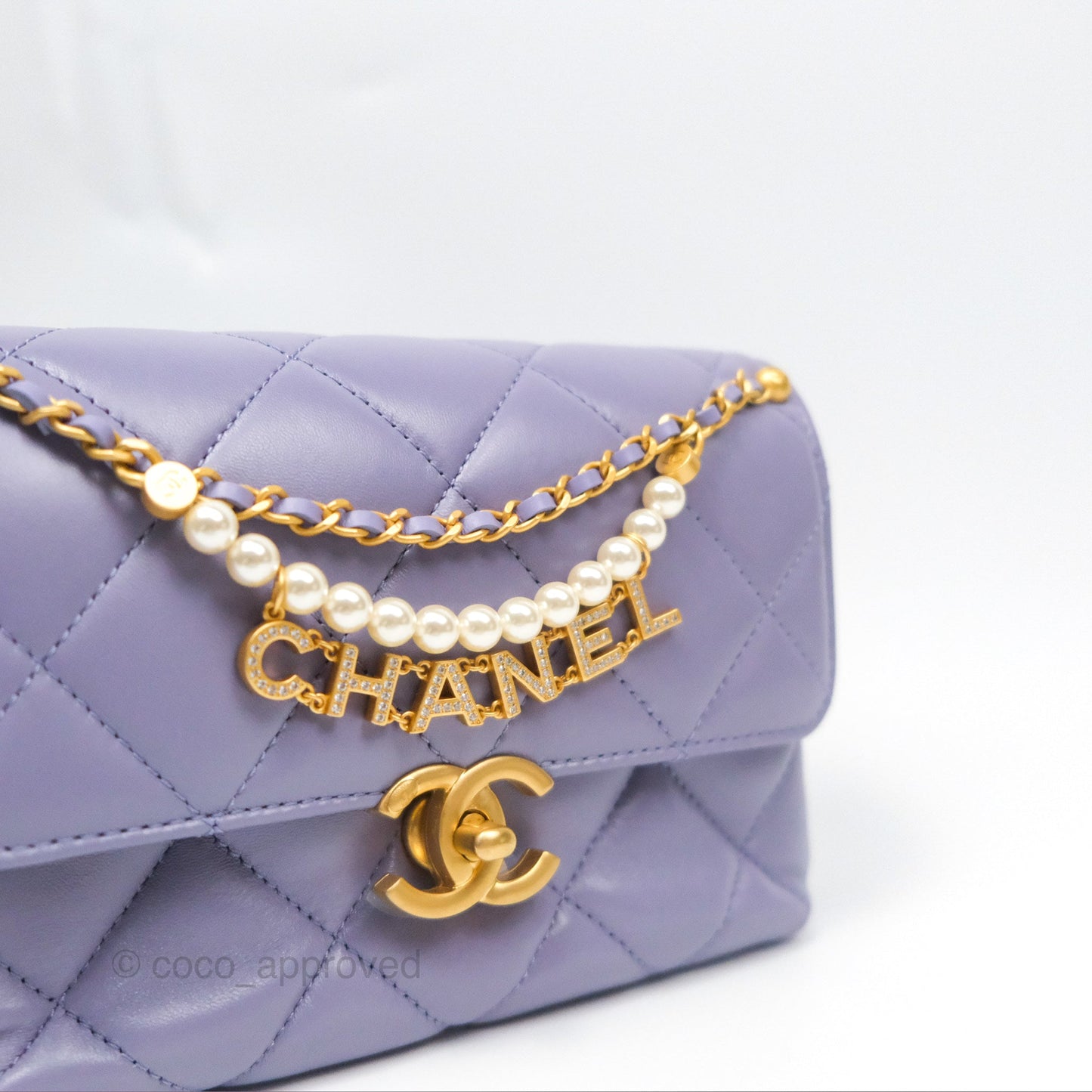 Chanel Crystal Pearl Chain Mini Flap Bag Purple Lambskin Aged Gold Hardware