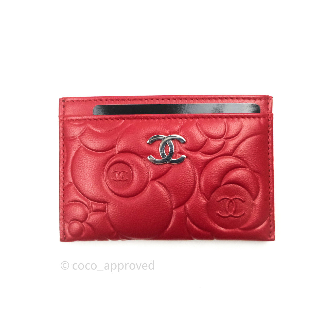 Chanel Quilted Classic Red Camellia Goatskin Silver Hardware Flat Card Holder