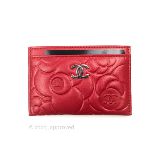 Chanel Quilted Classic Red Camellia Goatskin Silver Hardware Flat Card Holder