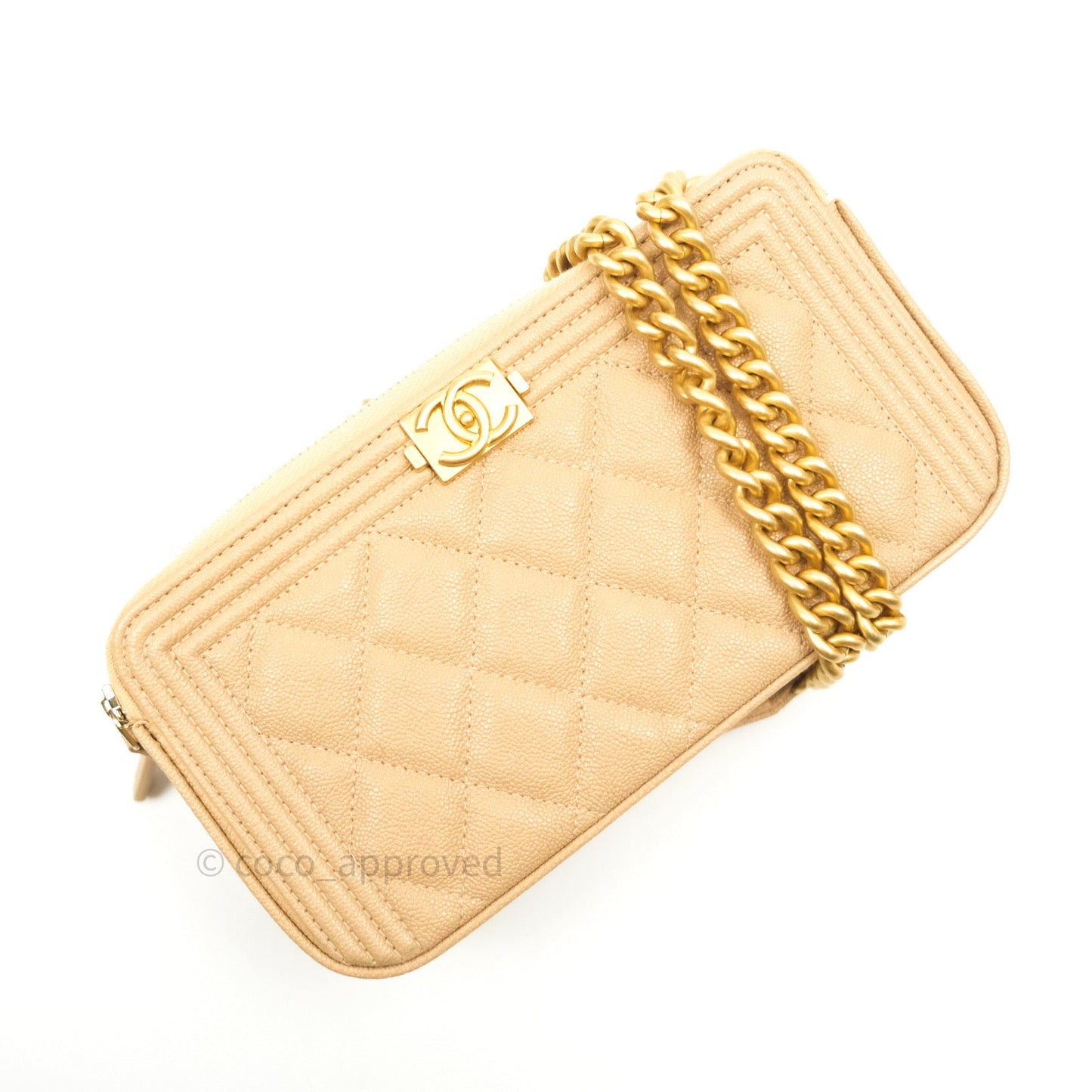 Chanel Boy Beige Quilted Caviar Clutch on Chain Gold Hardware