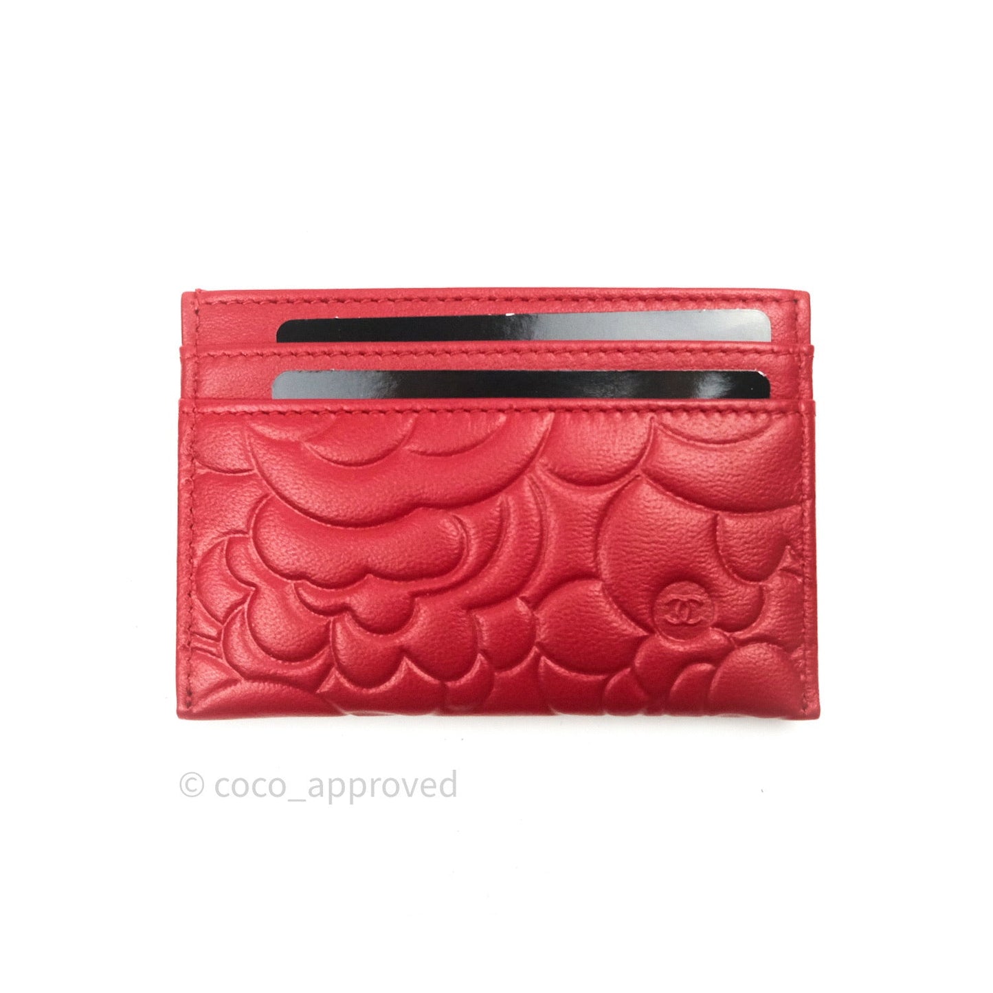 Chanel Quilted Classic Red Camellia Goatskin Silver Hardware Flat Card Holder