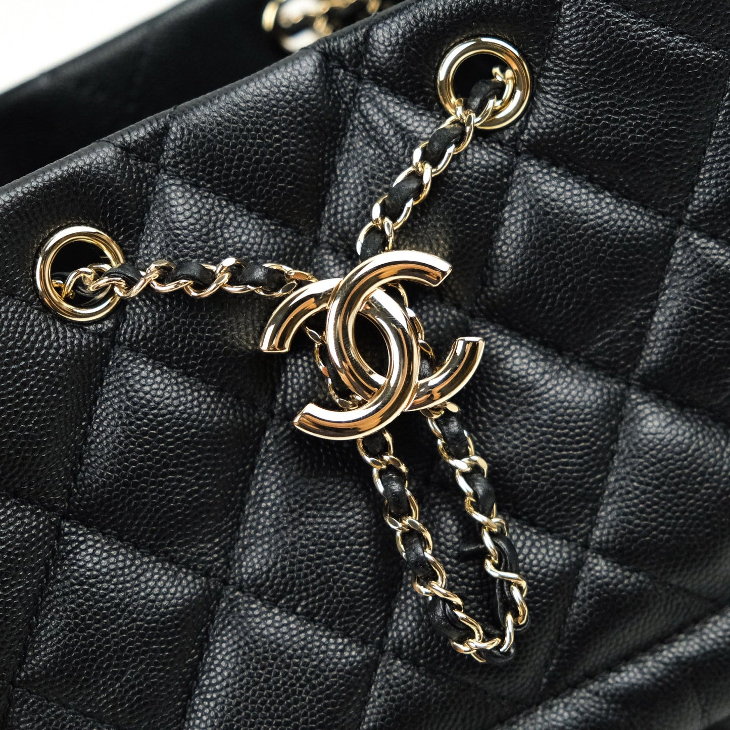 Chanel Caviar Quilted Rolled Up Bucket Drawstring Bag Black Gold Hardware